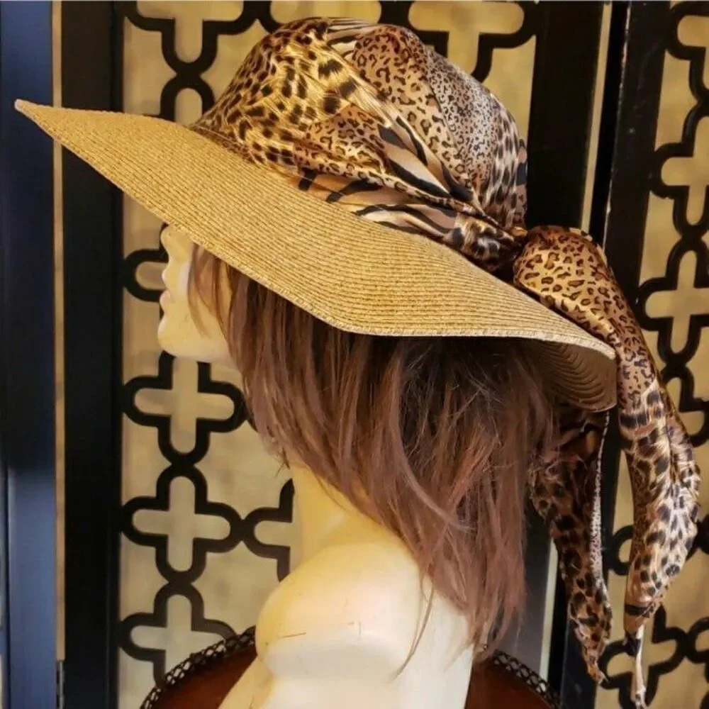 Cappelli Leopard Trim Straw Vacay‎ Beach Hat